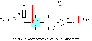 Circuit 9. Hall effect device used as multiplier in wattmeter application.