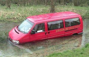 Picture of a car stuck in a river