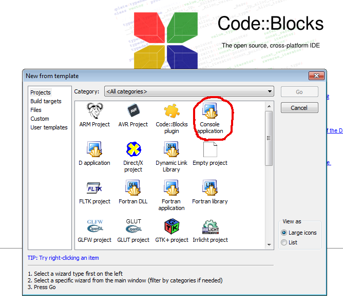 Creating a new project - Code::Blocks